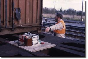 Testing equipment on rail bogie flat, Limerick junction